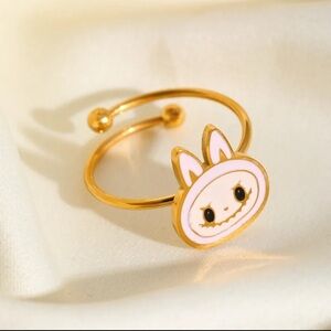 18K Gold Plated Light Pink Enamel Labubu Theme Ring No Fade Zimomo The Monsters